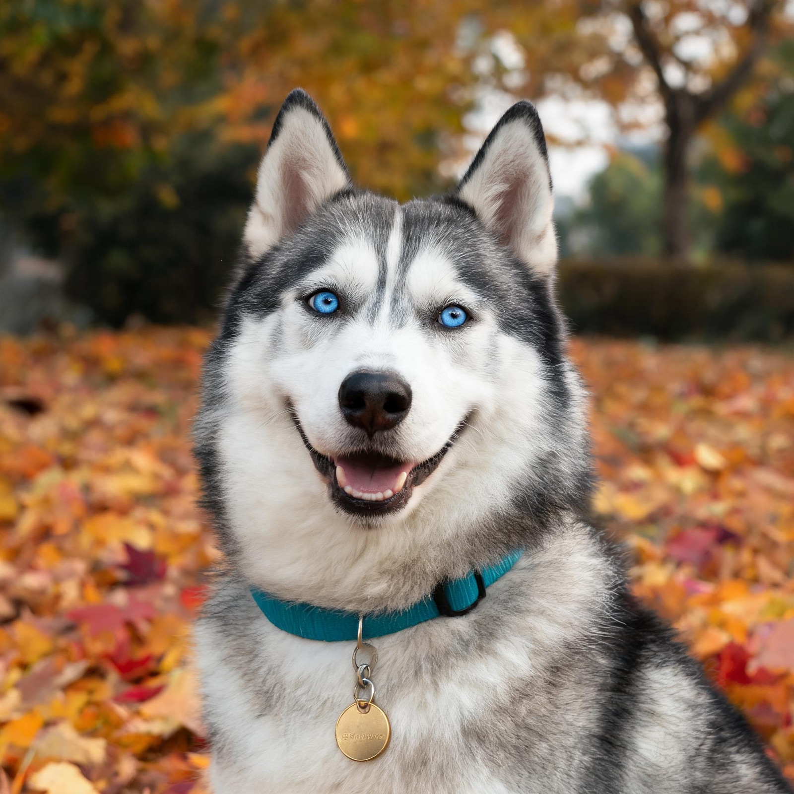 A blue-eyed husky in autumn leaves wearing a teal collar.