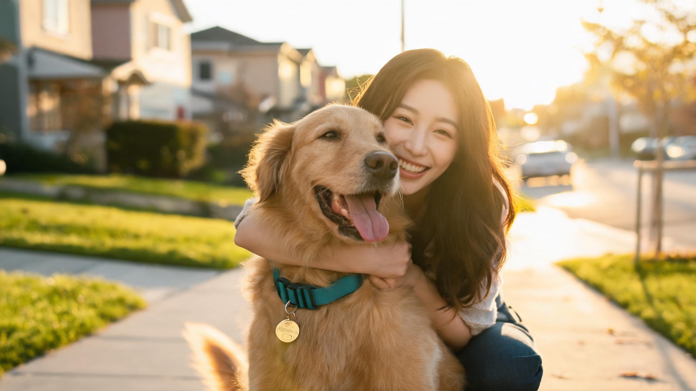 A woman hugging her golden retriever on a sunny sidewalk, the dog wearing a teal collar with a brass tag.