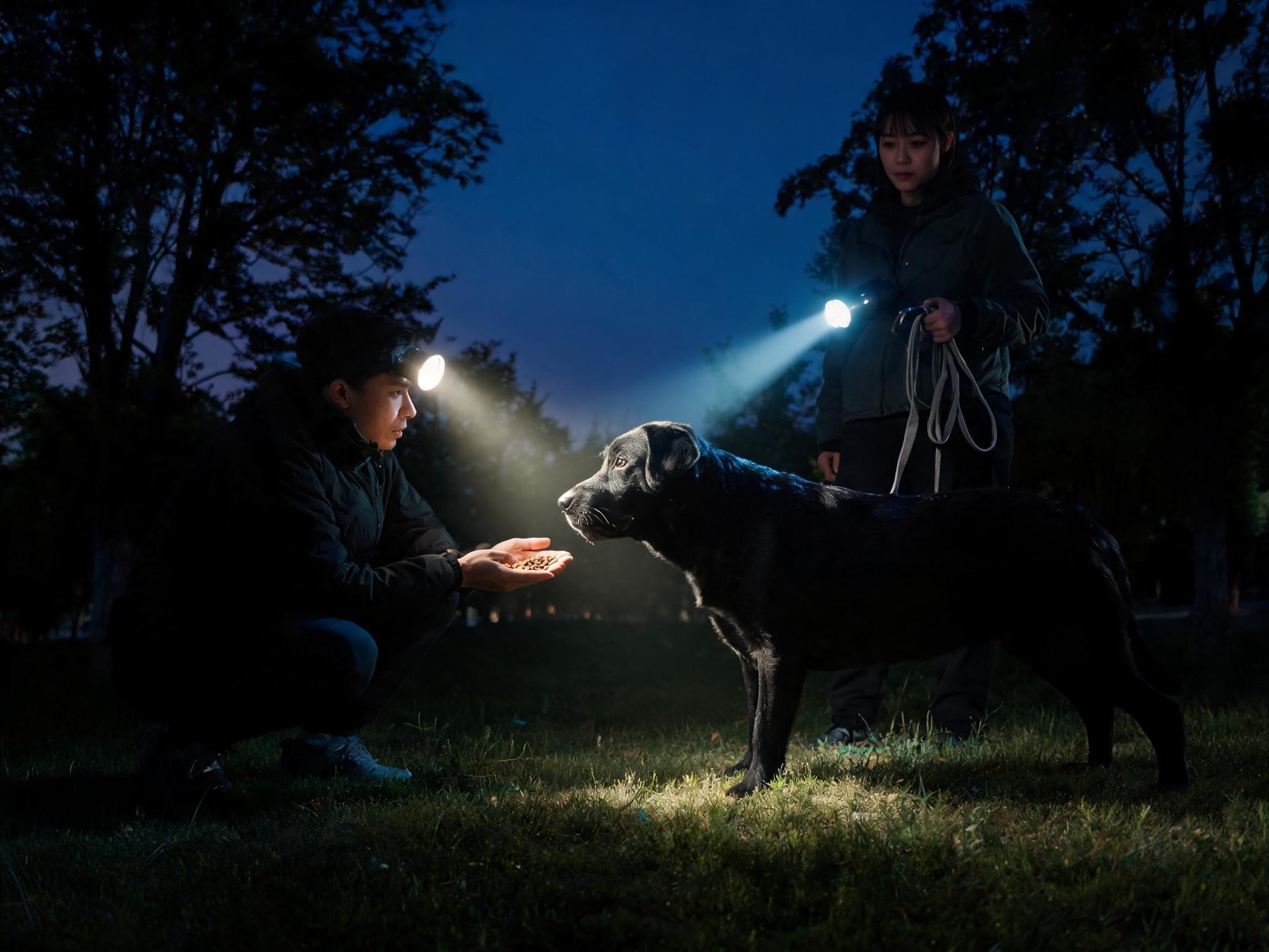 At night, a volunteer with a headlamp gently offers a treat to a frightened black labrador in a park.