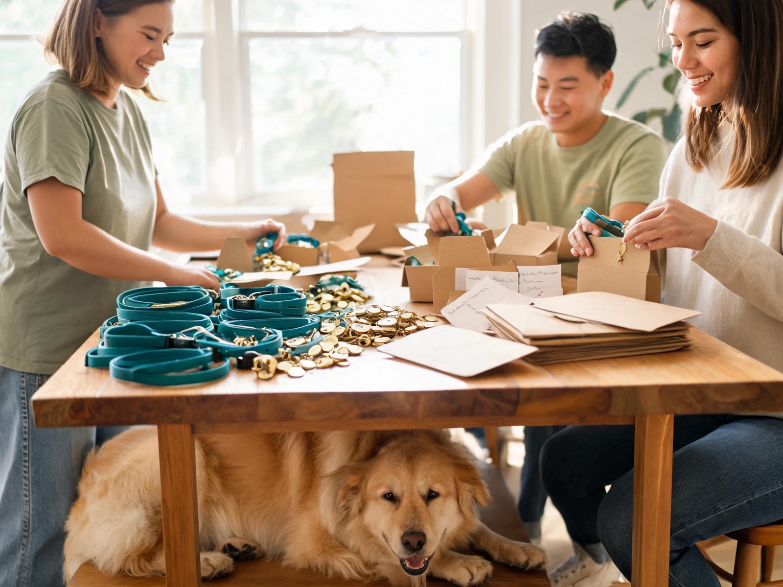 Volunteers packing teal collars into kraft mailer envelopes with handwritten cards.