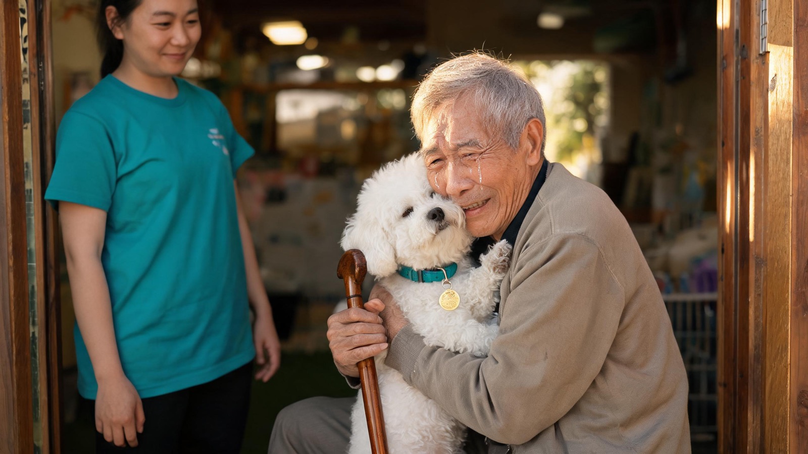 An elderly man hugging his small white dog at a rescue office while a volunteer smiles beside them.