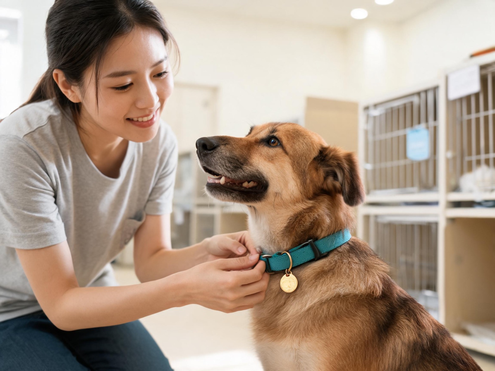 A volunteer at an animal shelter fastening a teal collar with a brass tag onto a happy brown rescue dog.