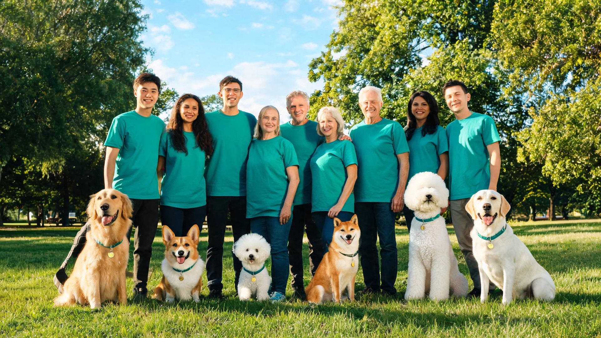 A team of smiling volunteers in teal t-shirts in a park with six dogs, each wearing a teal collar with a brass tag.